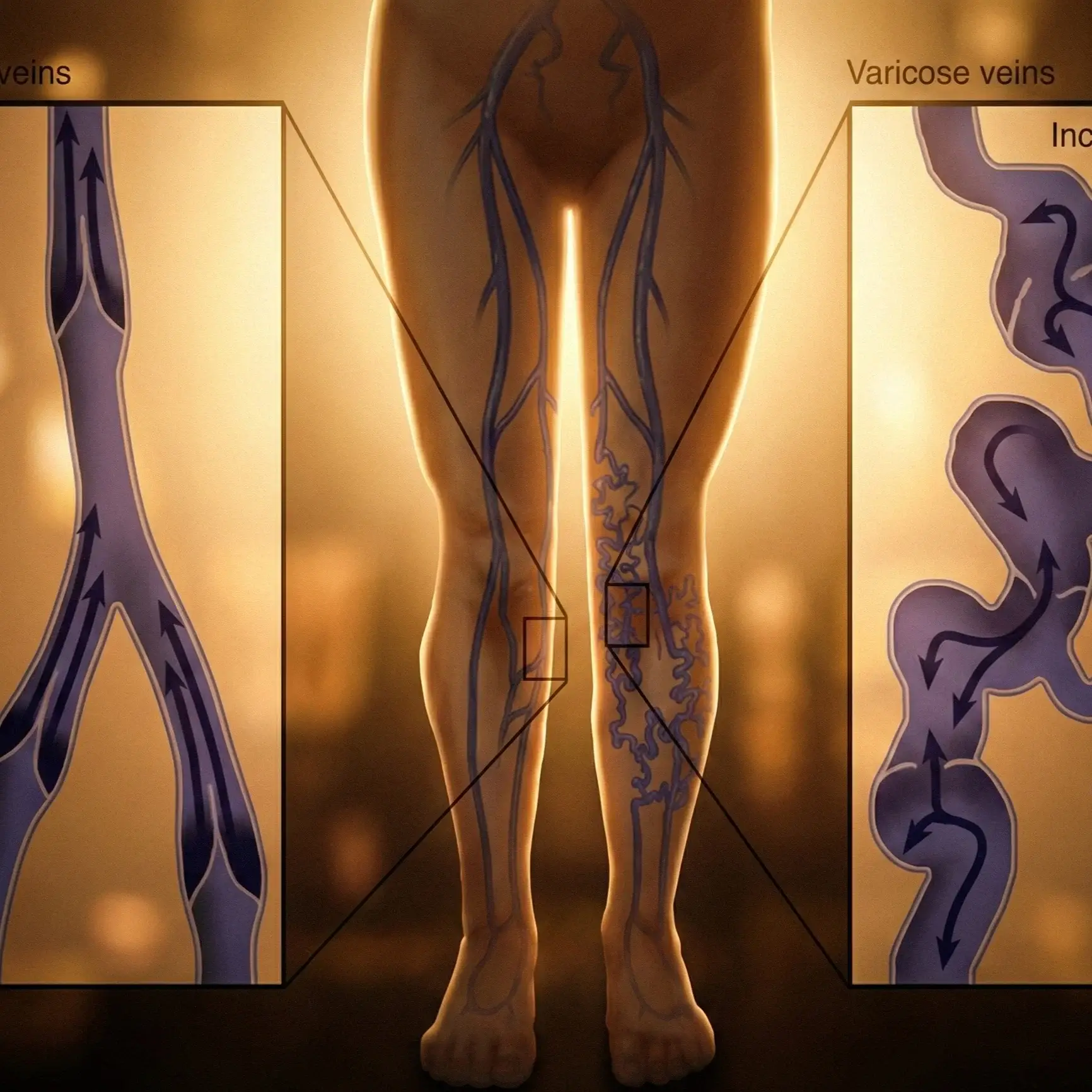 Medical illustration showing varicose veins in legs with affected blood flow